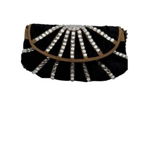 Betsey‎ Johnson Black Velvet Rhinestone Clutch – Vintage Leather Trim Glam